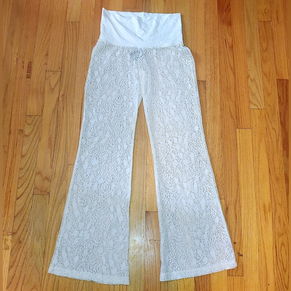 Ivory Cream Mesh Floral Pants Crochet Swim Cover-up SWIM MIKEN SMALL
